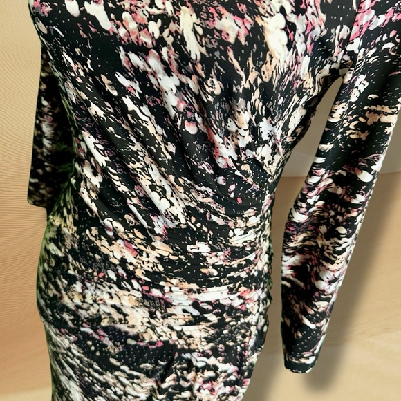 Calvin Klein Black & Pink Abstract Print Pleated Cinched Waist Jersey Knit Dress - Picture 5 of 13